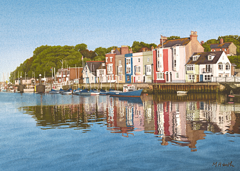 A watercolour painting of evening reflections across Weymouth Harbour by Margaret Heath RSMA.